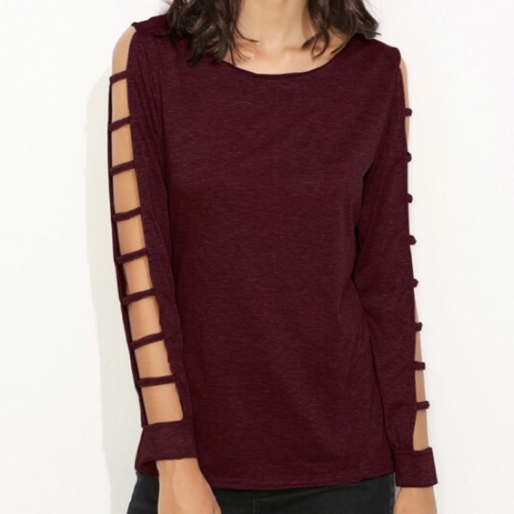 Burgundy  Cut Out Sleeve Shirt
